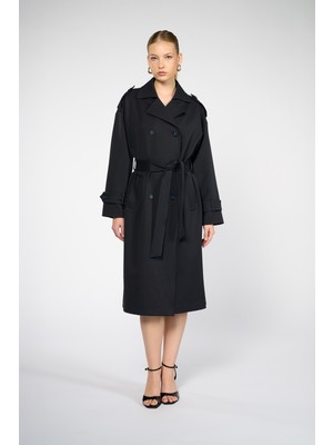 Thalure Kadın Lacivert Kemerli Uzun Trençkot