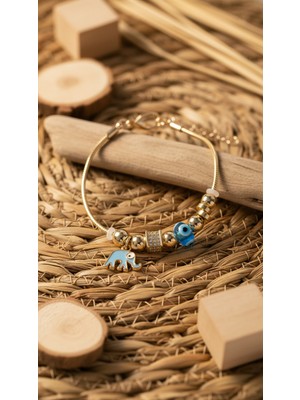 Arlen Fox Altın Renkli Mavi Fil Figürlü Nazar Boncuklu Kadın Bileklik - Ayarlanabilir Şans ve Koruma Sembolü