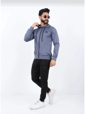 Erkek Dalgıç Kumaş Dijital Baskı Şardonlu Fermuarlı Kapişonlu Eşofman Takımı