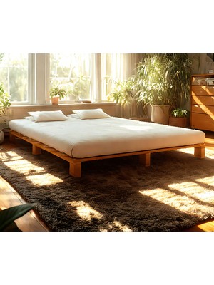 Pinoxi 200CM x 200CM Masif Ahşap Platform Çift Kişilik Karyola Ceviz Renk 200X200 cm