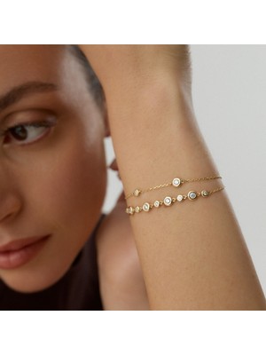 Aja Dalmira Bezel Çok Taşlı Çift Zincir Altın Bileklik