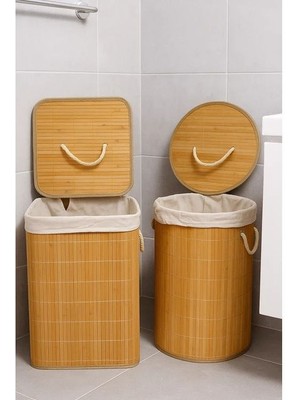 Linyahome Orjinal Bambu Portatif Taşınabilir Çamaşır Kirli Sepeti 2 Li Set Ebeveyn, Çocuk