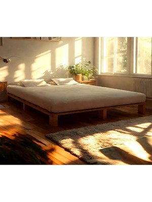 Pinoxi 180CM x 200CM Masif Ahşap Platform Çift Kişilik Karyola Ceviz Renk 180X200 cm