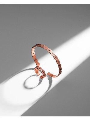 Sırlı Sepet Doku Desenli Burma Bakır Bilezik Yüzük Seti