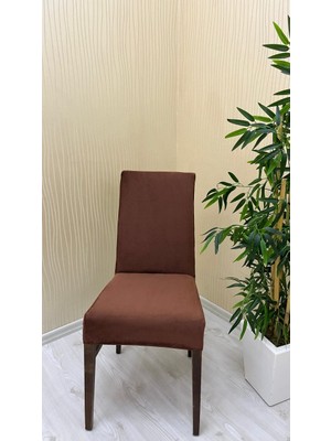 Italyan Süet Kumaş Lastikli Kaymaz Esnek Sandalye Koruyucu Örtü - Kahverengi - Altı Adet