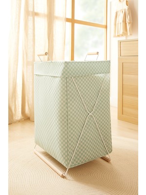Ocean Home Textile Katlanabilir Metal Destekli Beyaz Mint Dama Desen Düzenleyici Oyuncak Sepeti Çamaşır Sepeti 36x33x60 cm