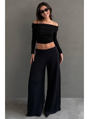 Madmext Siyah Dökümlü Cepli Krep Kumaş Wide Leg Pantolon MG2668