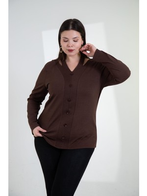 Roxxlen Büyük Beden Kadın Yaka Detaylı Kahverengi Bluz