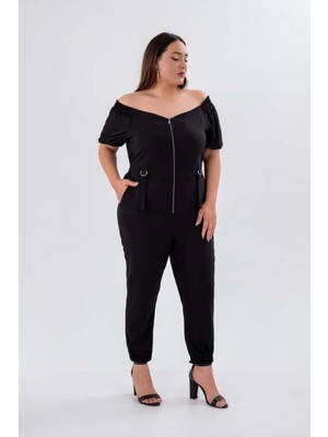 Roxxlen 1111050 Kadın Büyük Beden Fermuarlı Cepli Tulum Siyah