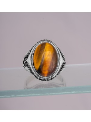 Yıldırım Kaplan Gözü Taşlı El Işçiliği 925 Ayar Gümüş Erkek Yüzük – Özel Desenli Klasik Tasarım