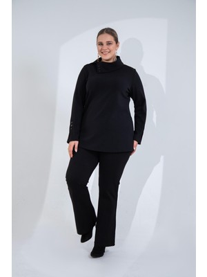 Roxxlen Büyük Beden Kadın Düğme Detaylı Siyah Bluz