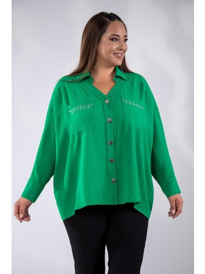 Roxxlen Büyük Beden Kadın Cep Taşlı Çıt Çıtlı Beyaz Gömlek