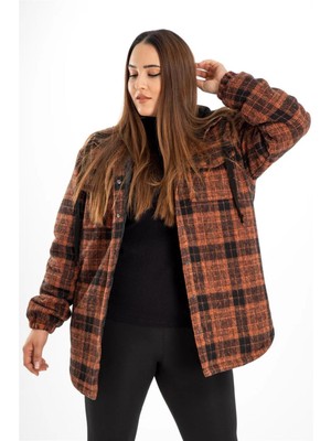 Roxxlen Büyük Beden Kadın Kapüşonlu Ekose Kaban