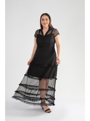 Roxxlen Büyük Beden Kadın Fermuarlı Siyah Dantel Elbise