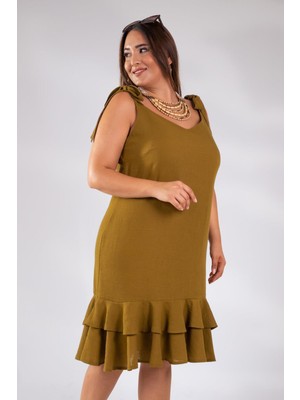 Roxxlen Büyük Beden Kadın Askılı Eteği Volanlı Elbise