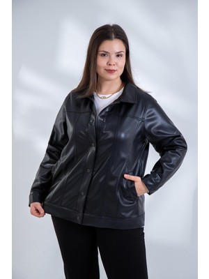 Roxxlen Büyük Beden Kadın Siyah Deri Ceket