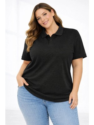 Alfanora Kadın Pike Kumaş Düğmeli Yaka Battal Büyük Beden Günlük Kısa Kol Tişört T-Shirt - Siyah