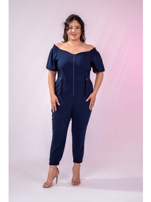 Roxxlen 1111050 Kadın Büyük Beden Fermuarlı Cepli Tulum Lacivert
