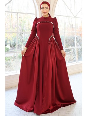 Olcay Inci Detaylı Krep ve Saten Kombinli Kloş Tesettür Bordo 1686