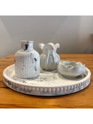 Atölye Sonart Ebru Desenli Taş Tozu Dekoratif Tepsili 4'lü Mumluk Set