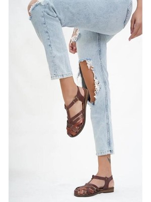 Tarçın Ayakkabı Hakiki Deri Kahverengi Twinkle-3 Kadın Deri Sandalet TRC61-0067