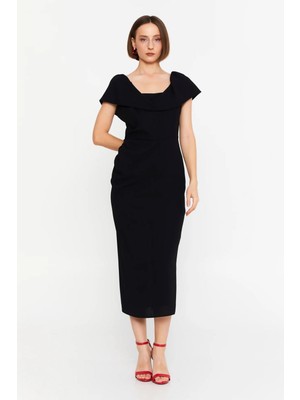 Kameya Degaje Yaka Yırtmaçlı Elbise 25S40706