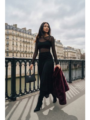 Lela Asimetrik Kesim Drape Detaylı Yırtmaçlı Midi Boy Etek Bayan Etek 6833366