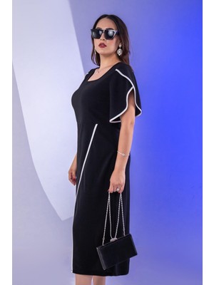 Roxxlen 3330504 Kadın Büyük Beden Kolu Volanlı Elbise Siyah