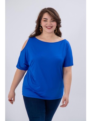 Roxxlen Büyük Beden Kadın Omuz Detaylı Bluz Mavi