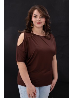 Roxxlen Büyük Beden Kadın Omuz Detaylı Bluz Mavi