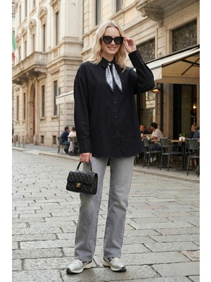 Lela Relaxed Fit Fular Detaylı Klasik Yaka Göğüs Cepli Gömlek Bayan Gömlek 6925427