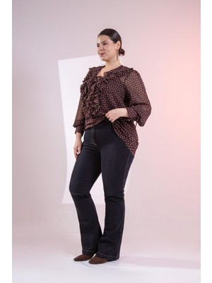 Roxxlen Büyük Beden Kadın Zenit Hardal Dikişli Siyah Pantolon