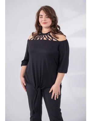 Roxxlen Büyük Beden Kadın Yaka Detaylı Siyah Bluz