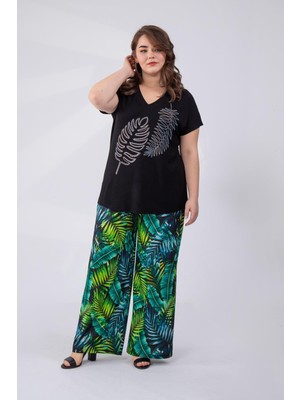 Roxxlen Büyük Beden Kadın V Yaka Taşlı Siyah Bluz