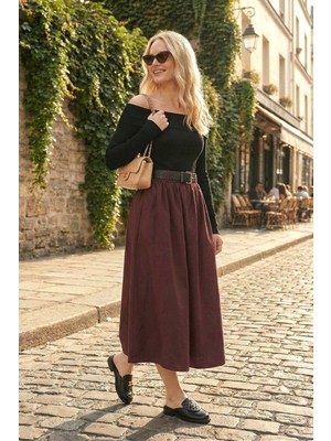 Lela Pamuklu Relaxed Fit Lastikli Bel Kemer Detaylı Midi Boy Etek Bayan Etek 6921273