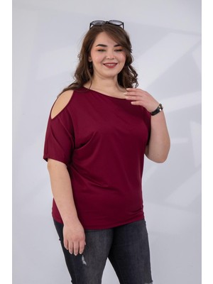 Roxxlen Büyük Beden Kadın Omuz Detaylı Bluz Mavi