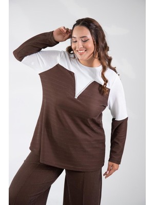 Roxxlen Büyük Beden Kadın Fermuar Detaylı Simli Bluz Kahve-Beyaz