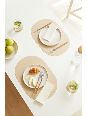 Home Wave 2 Adet Bej/Taş Suni Deri Sofra Sunum Tabak Altlığı Supla Amerikan Servisi 45x30 cm