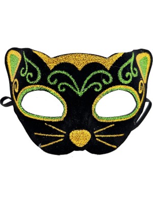 Karahanbey Siyah Kadife Sarı Yeşil Simli Kedi Maskesi