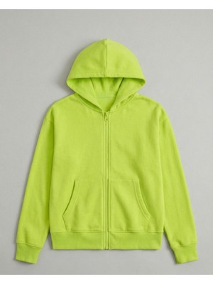 Unisex Çocuk Fosfor Yeşil Fermuarlı Kapüşonlu Sweatshirt Okul-Günlük Için Rahat Basic Hırka 3-10YAŞ