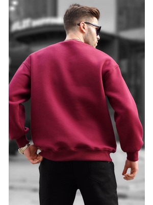 Madmext Bordo Bisiklet Yaka Oversize Şardonlu Basic Erkek Sweatshirt 6048