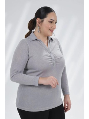 Roxxlen 333104 Kadın Büyük Beden Rox Simli Bluz Gri