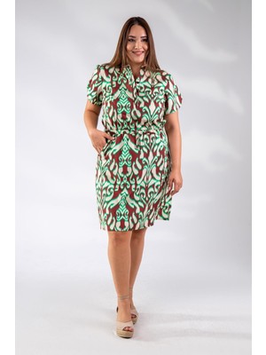 Roxxlen 112219 Kadın Büyük Beden Düğmeli Beli Lastikli - Elbise Bordo-Yeşil