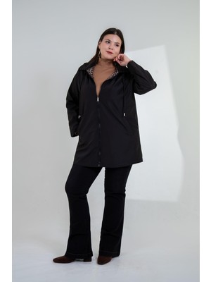 Roxxlen Büyük Beden Kadın Çift Taraflı Leoparlı Siyah Mont