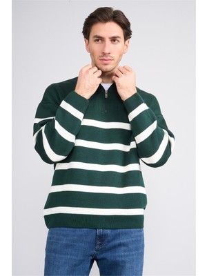 Çetinkaya Mentality 5271 Erkek Dik Yaka Çizgili 2/35 Akrilik Triko Zümrüt-Krem