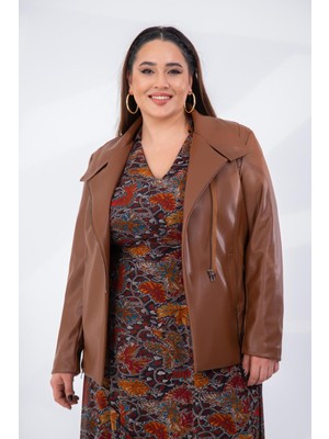 Roxxlen Büyük Beden Ester Fermuarlı Deri Ceket Koyu Bej