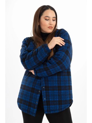 Roxxlen Büyük Beden Kadın Kapüşonlu Ekose Kaban