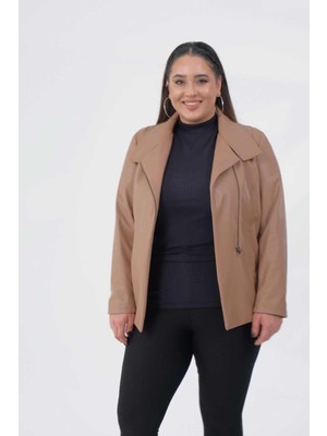 Roxxlen Büyük Beden Ester Fermuarlı Deri Ceket Koyu Bej