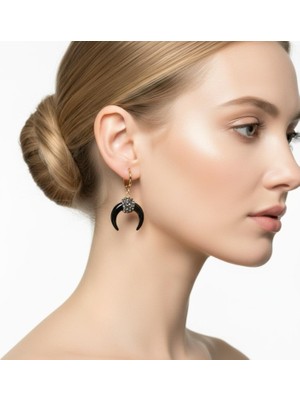 Luyiaccessory Markazit Taşlı Siyah Ay Küpe Küçük Boy