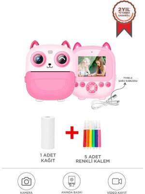 Torima CMR-21 Pembe Dijital Video Kayıt Fotoğraf Çocuk Kamerası Termal Resim Kağıt Baskılı Yazıcı